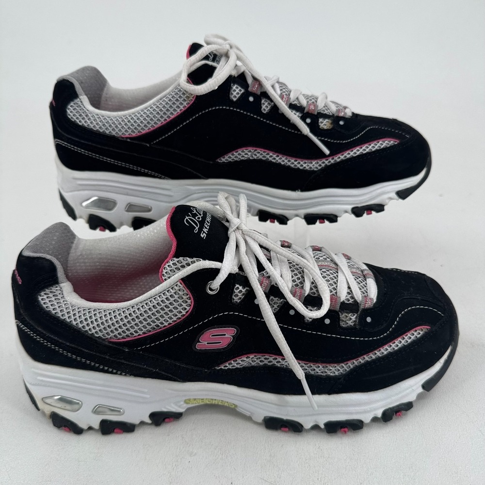 Skechers D'Lites Shoes WOMENS Black White Pink Leather Lace Up Sneakers 9.5